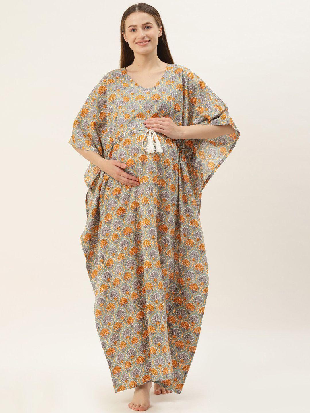ikk kudi by seerat maternity floral printed pure cotton maxi kaftan nightdress