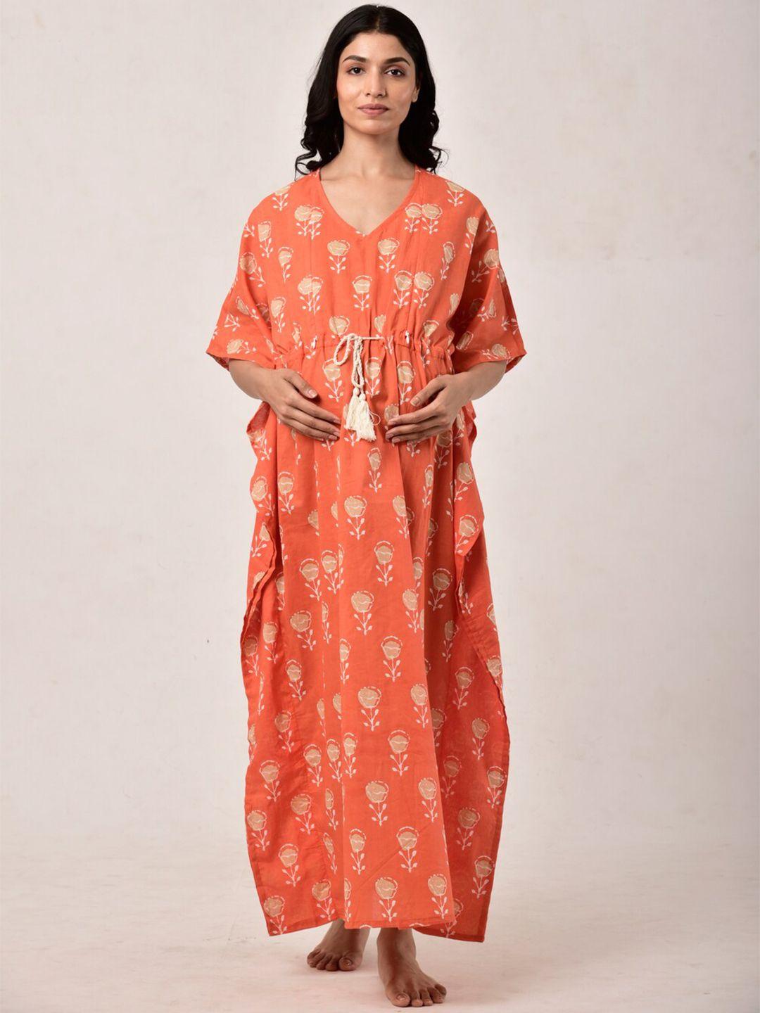 ikk kudi by seerat orange printed maternity kaftan nightdress