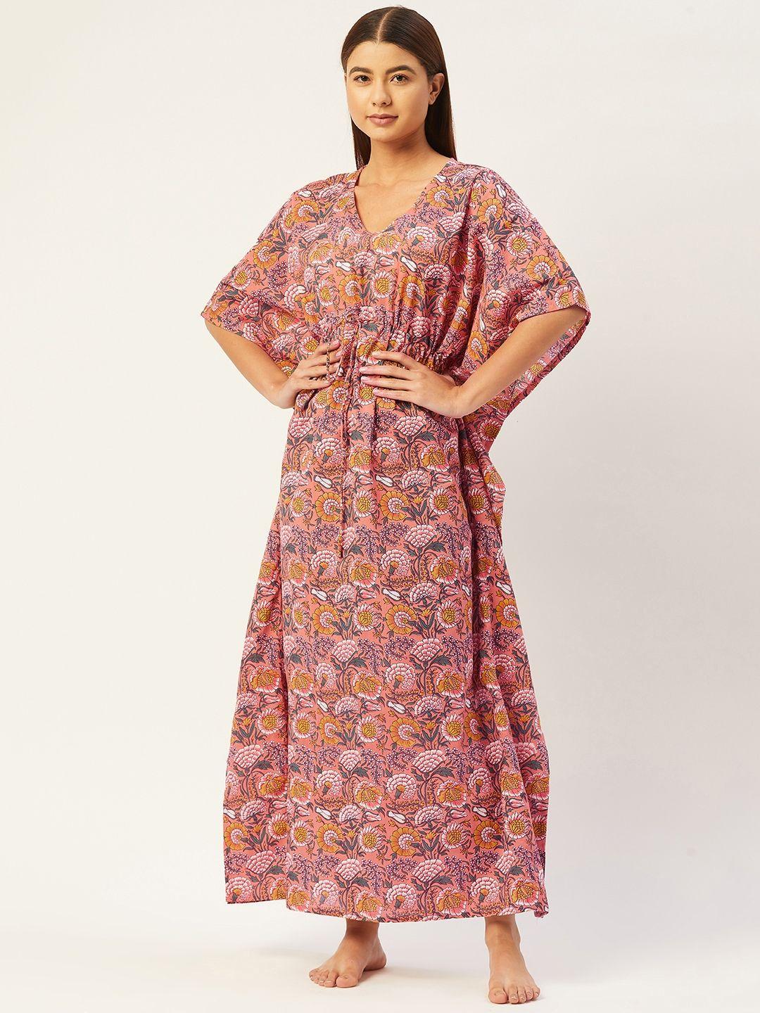 ikk kudi by seerat peach-coloured printed maxi floral jal cotton nightdress