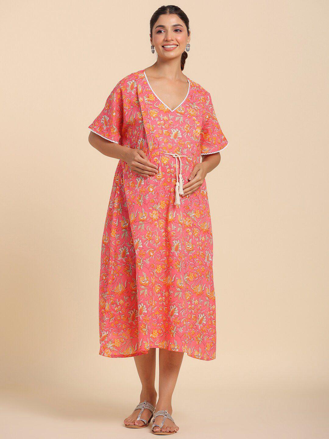 ikk kudi by seerat pink floral print flared sleeve maternity a-line midi dress