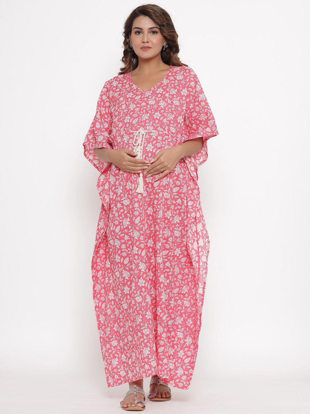 ikk kudi by seerat pink printed pure cotton maternity & nursing kaftan maxi nightdress