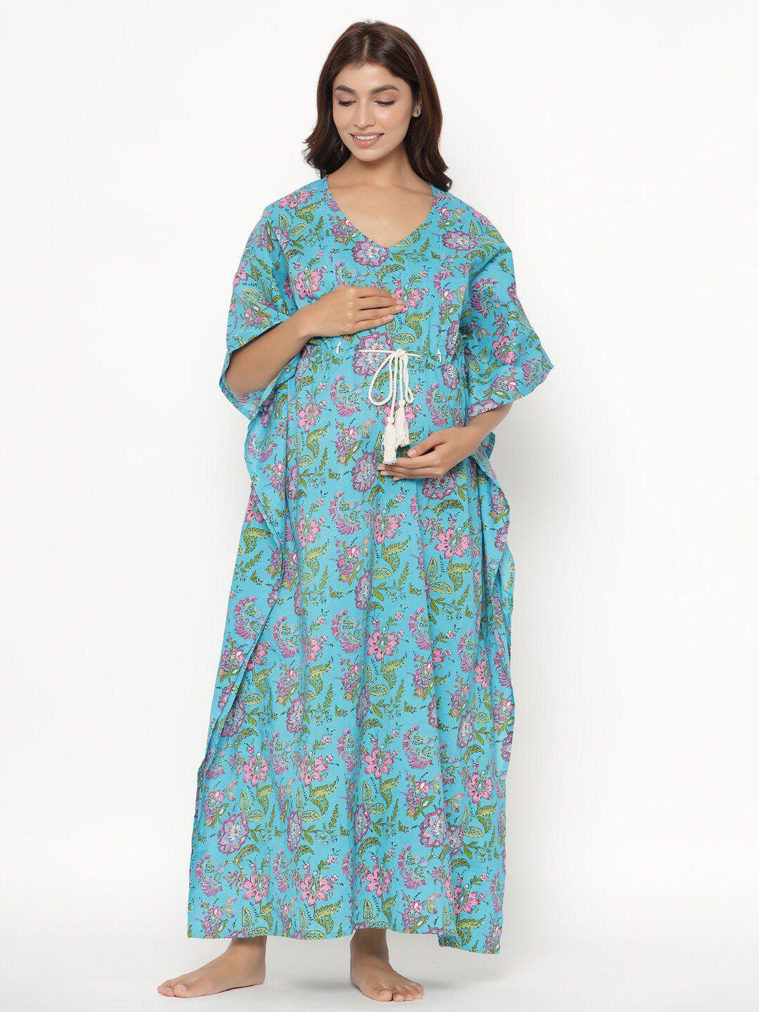 ikk kudi by seerat printed pure cotton maternity & nursing kaftan maxi nightdress