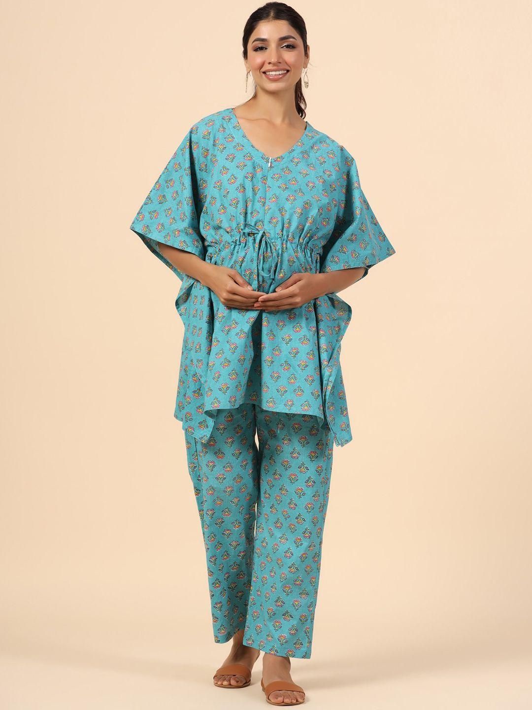 ikk kudi by seerat v-neck floral printed kaftan maternity pure cotton kurti with trousers