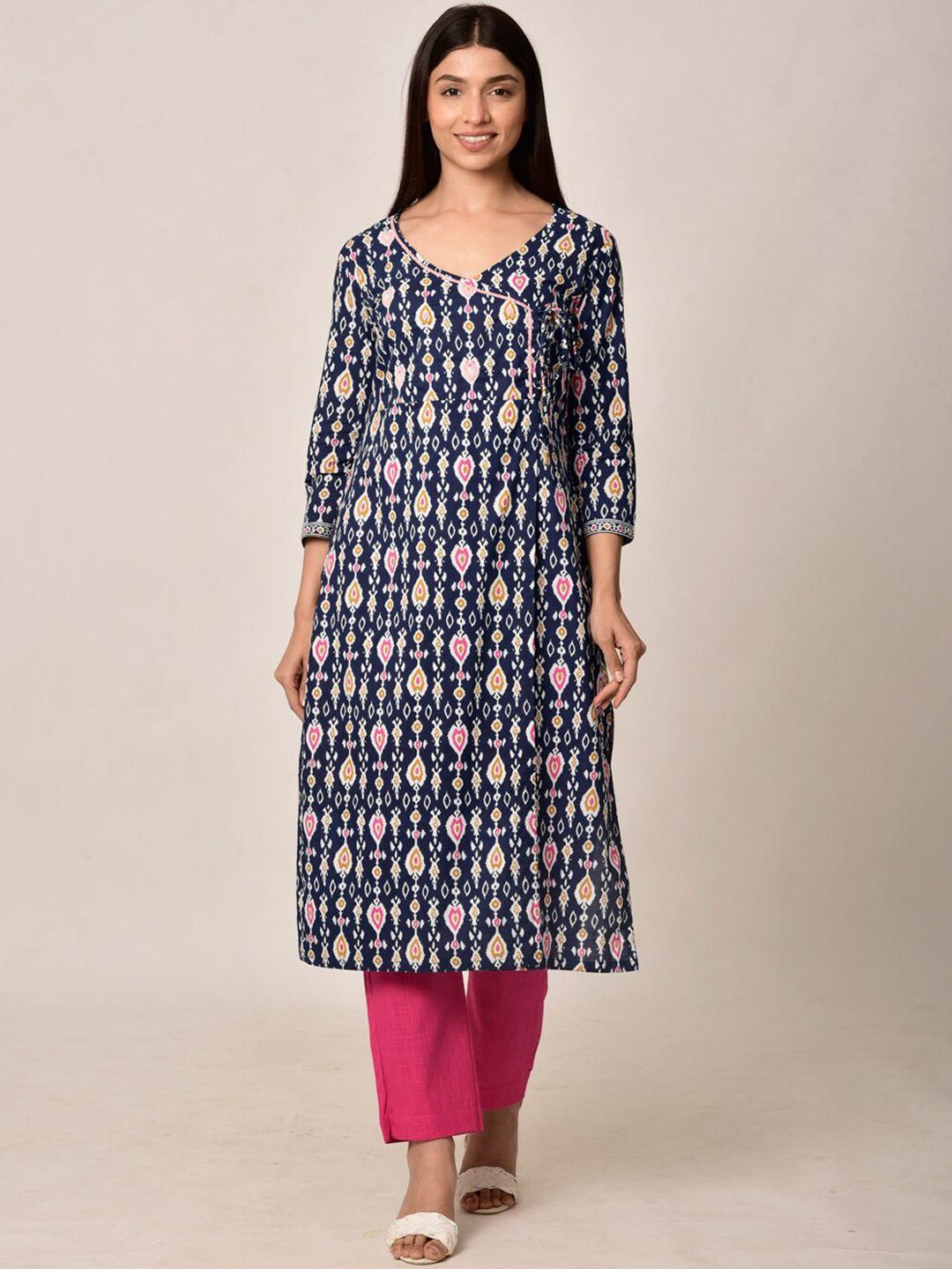 ikk kudi by seerat women blue ethnic motifs printed pure cotton kurta with trousers