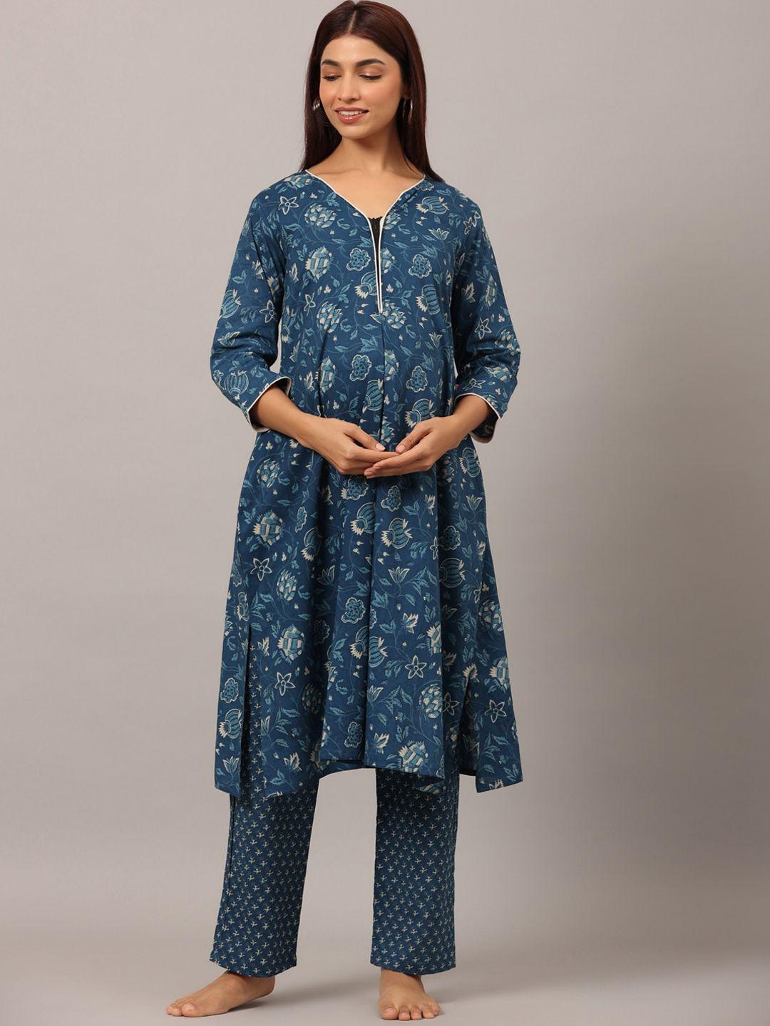 ikk kudi by seerat women floral printed pure cotton maternity kurta with trousers