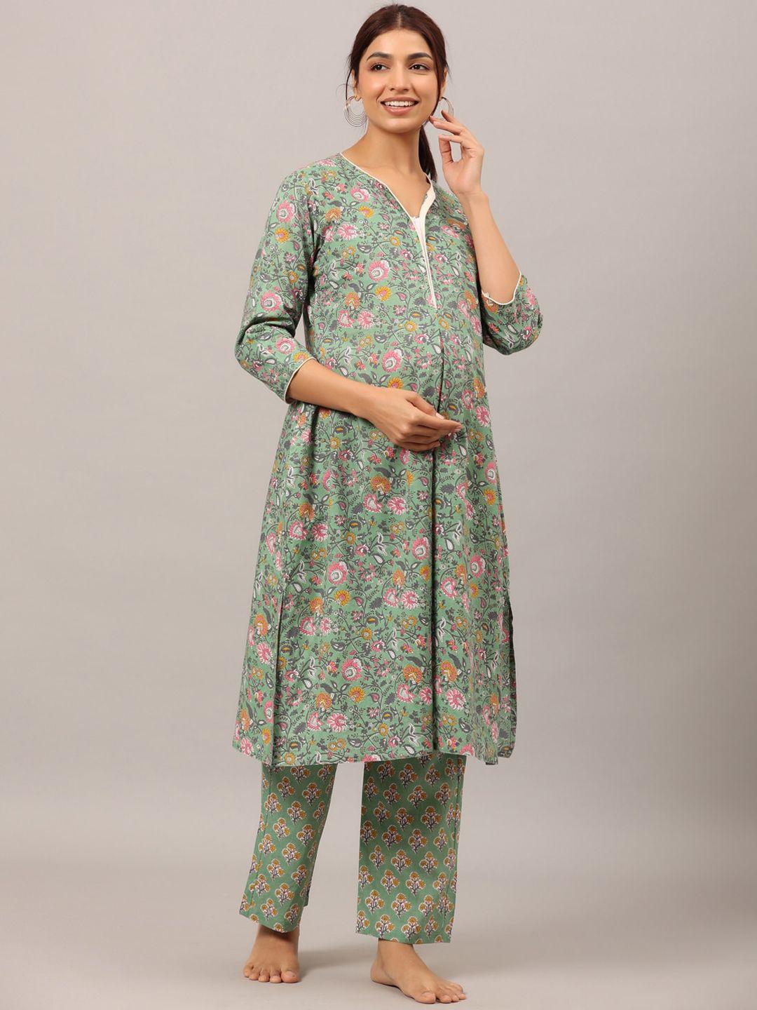 ikk kudi by seerat women floral printed pure cotton maternity kurta with trousers