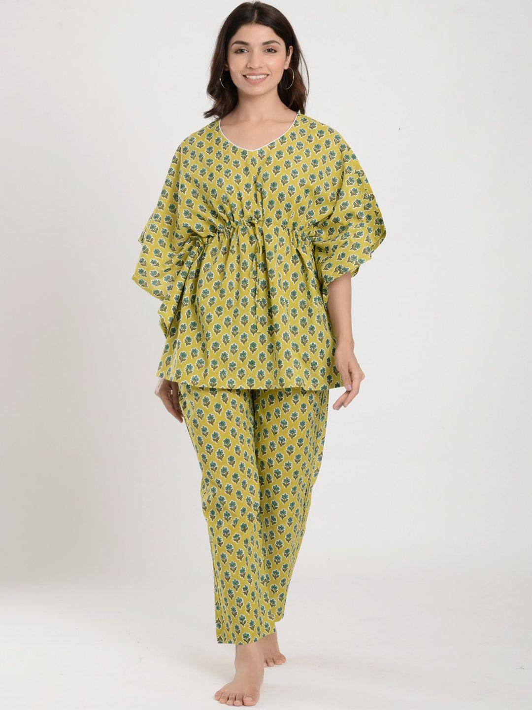 ikk kudi by seerat women green & brown printed kaftan night suit