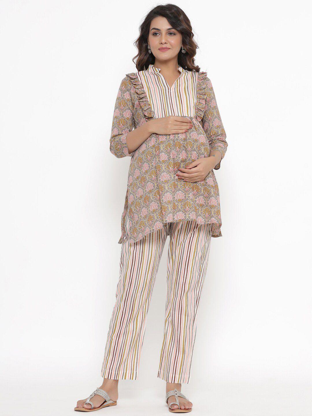 ikk kudi by seerat women grey floral print maternity & nursing cotton kurta with pant set