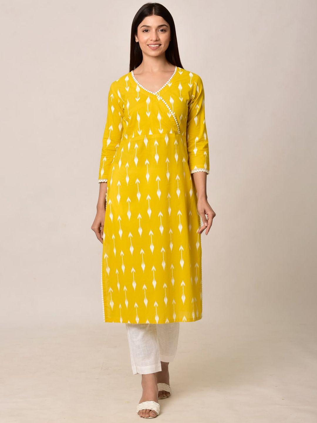 ikk kudi by seerat women yellow ethnic motifs printed pure cotton kurta with trousers