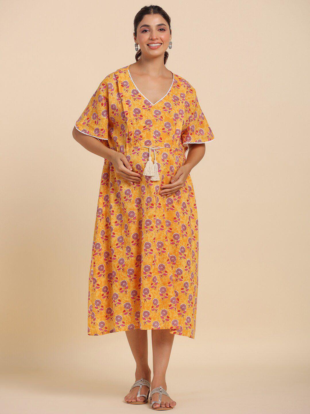 ikk kudi by seerat yellow floral print flared sleeve maternity fit & flare midi dress