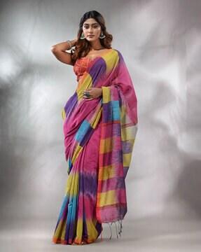 ikkat pattern handwoven saree with tassels