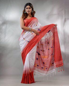 ikkat pattern handwoven saree with tassels