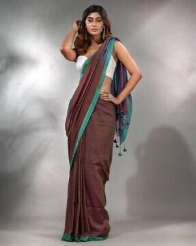 ikkat print saree with contrast pallu