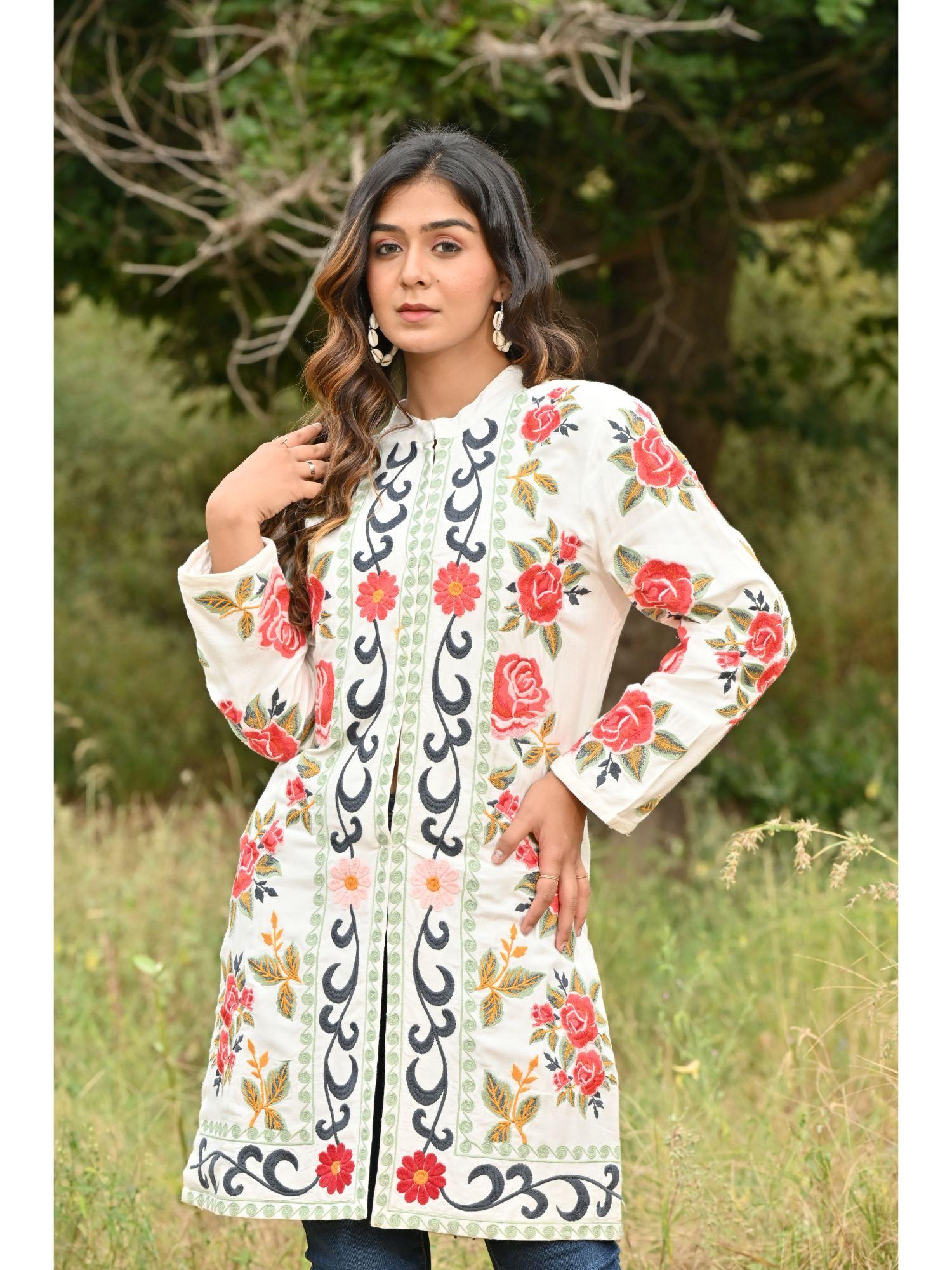 iksha white floral embroidered jacket