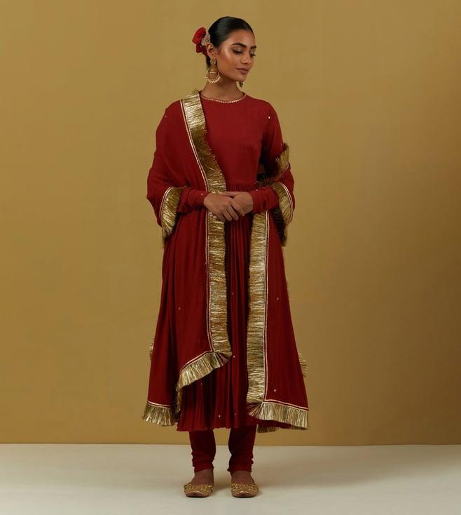 ikshita choudhary red naveli 2 hand embellished cotton anarkali with churidar and dupatta