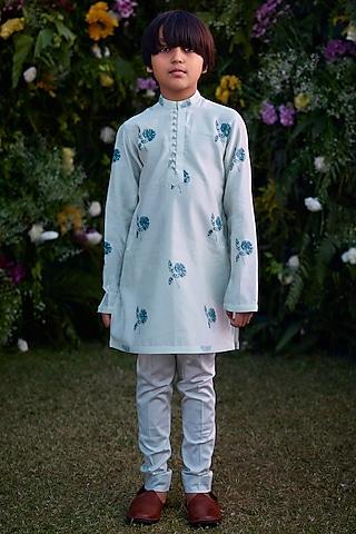 illusion blue chanderi hand block printed kurta set for boys