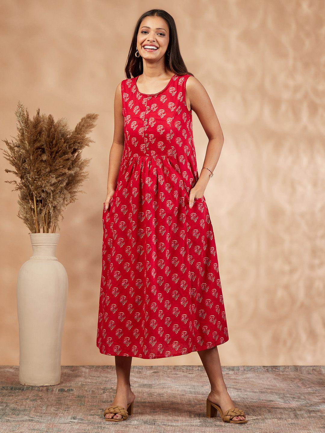 imara floral printed cotton fit & flare midi ethnic dress
