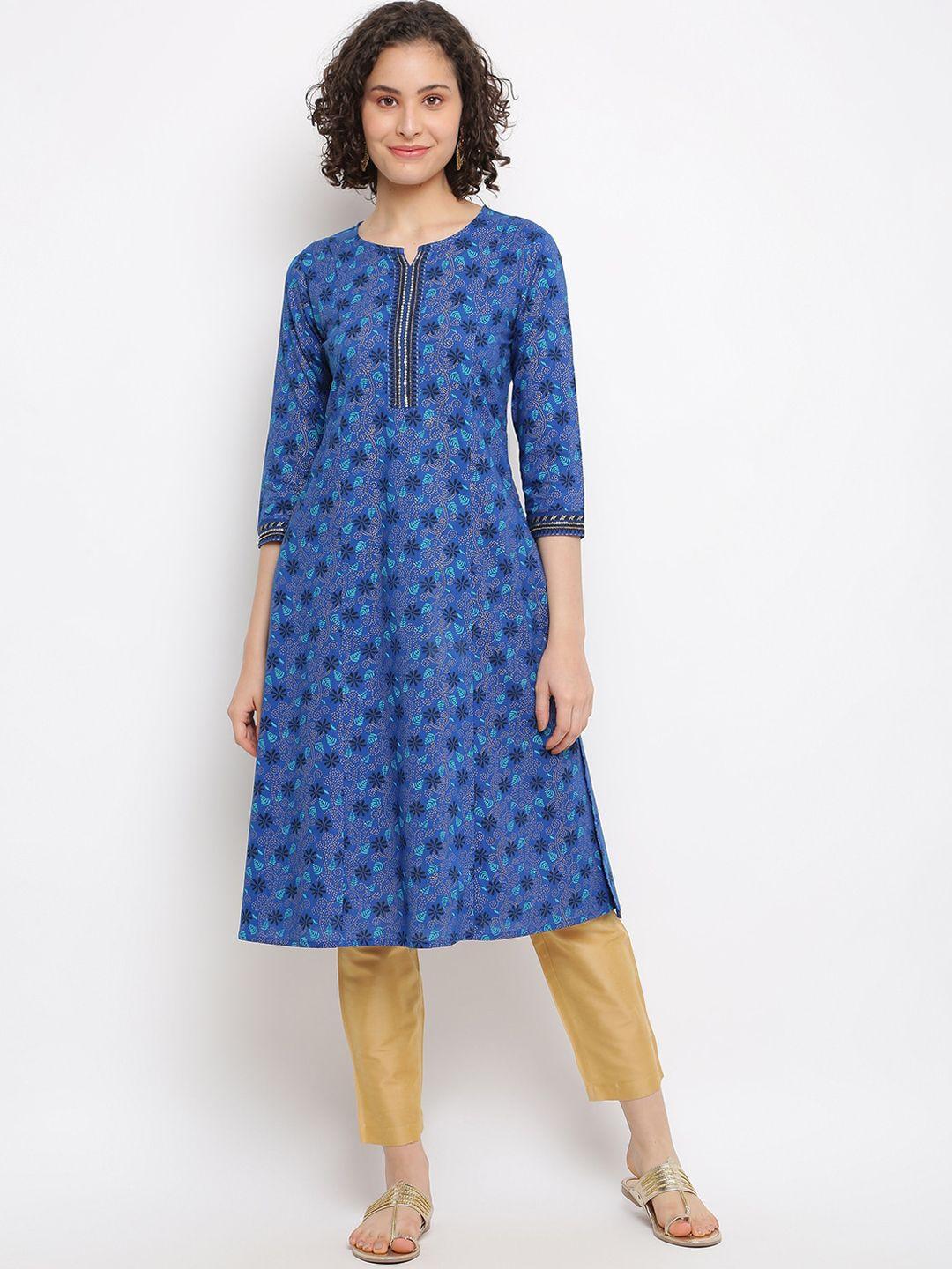 imara floral printed notched neck sequinned pure cotton a-line kurta
