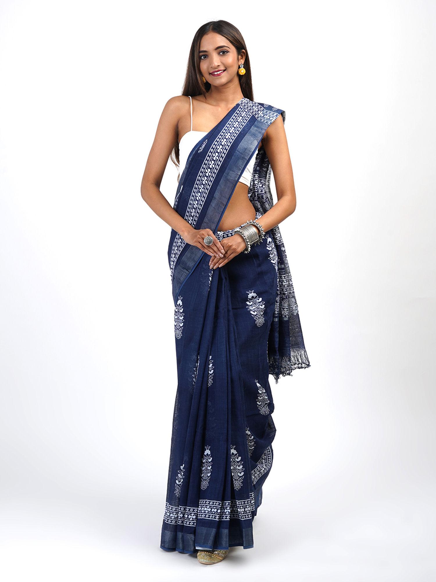 imara dark blue block print linen saree with unstitched blouse