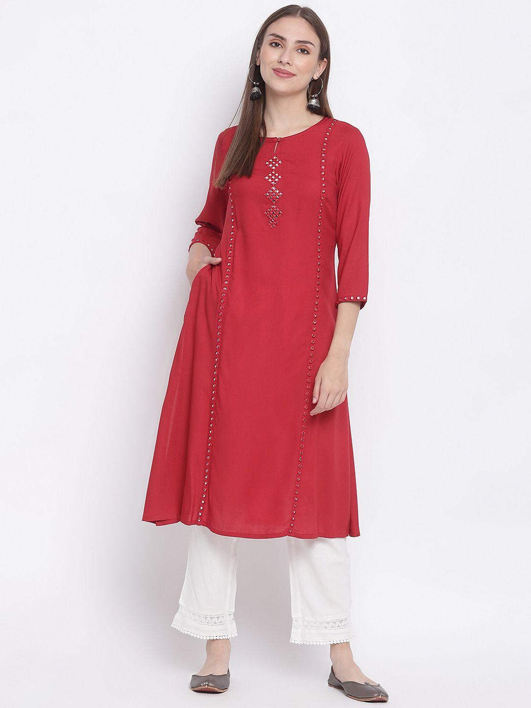 imara embellished keyhole neck mirror work a-line kurta