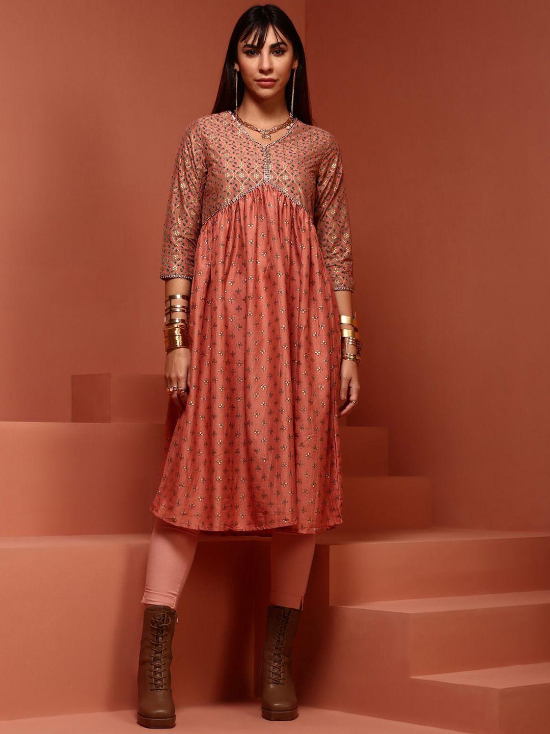 imara ethnic motifs printed mirror work empire a-line kurta