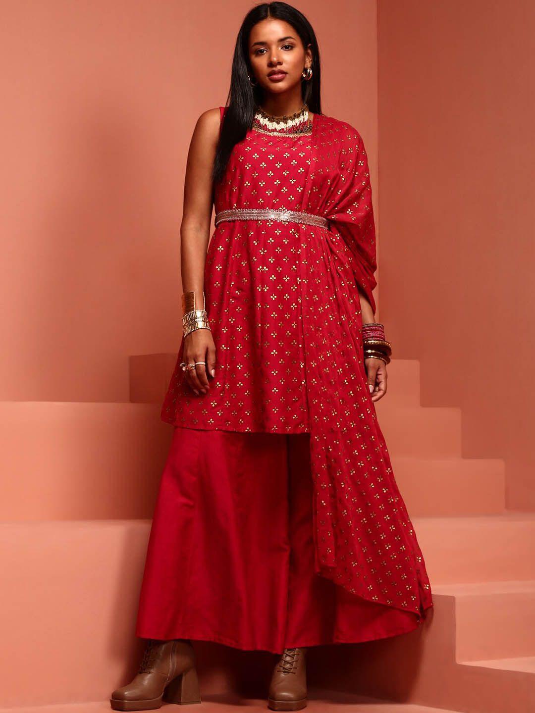 imara ethnic motifs printed sequinned a-line kurta with palazzos & dupatta