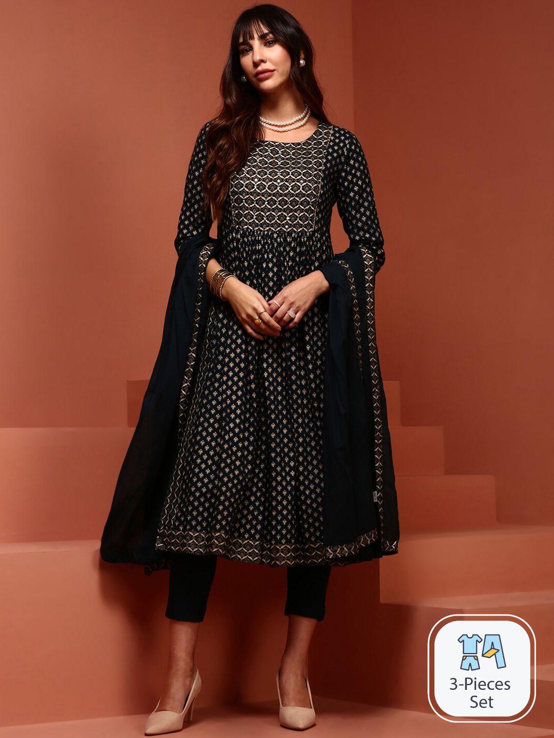 imara ethnic motifs printed sequinned detailed a-line kurta & trousers with dupatta