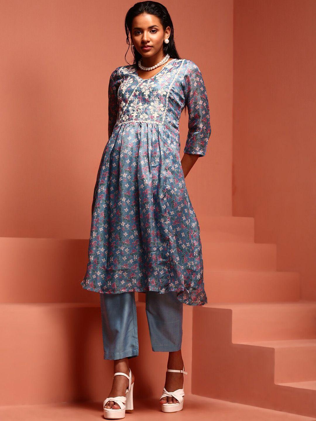 imara ethnic motifs printed thread work a-line kurta with trousers