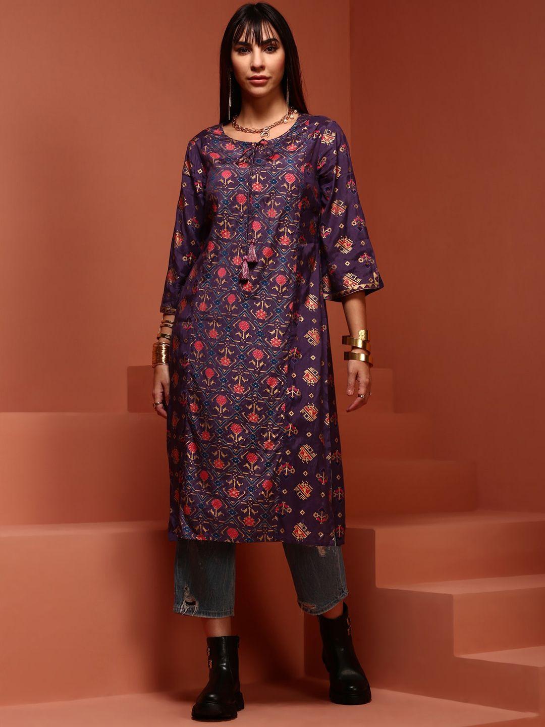 imara ethnic motifs printed tie-up neck straight kurta