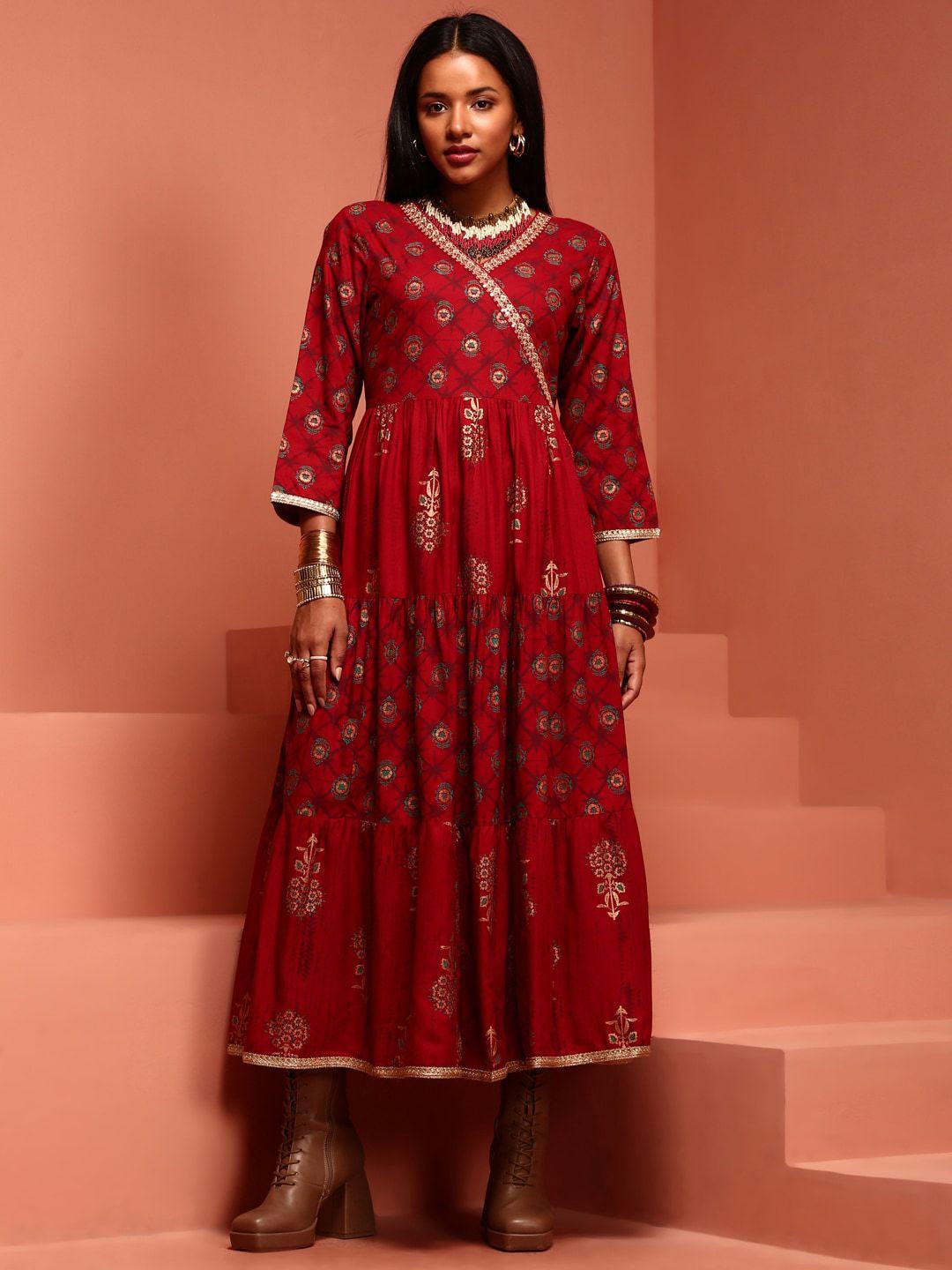 imara ethnic motifs printed v-neck a-line ethnic dresses