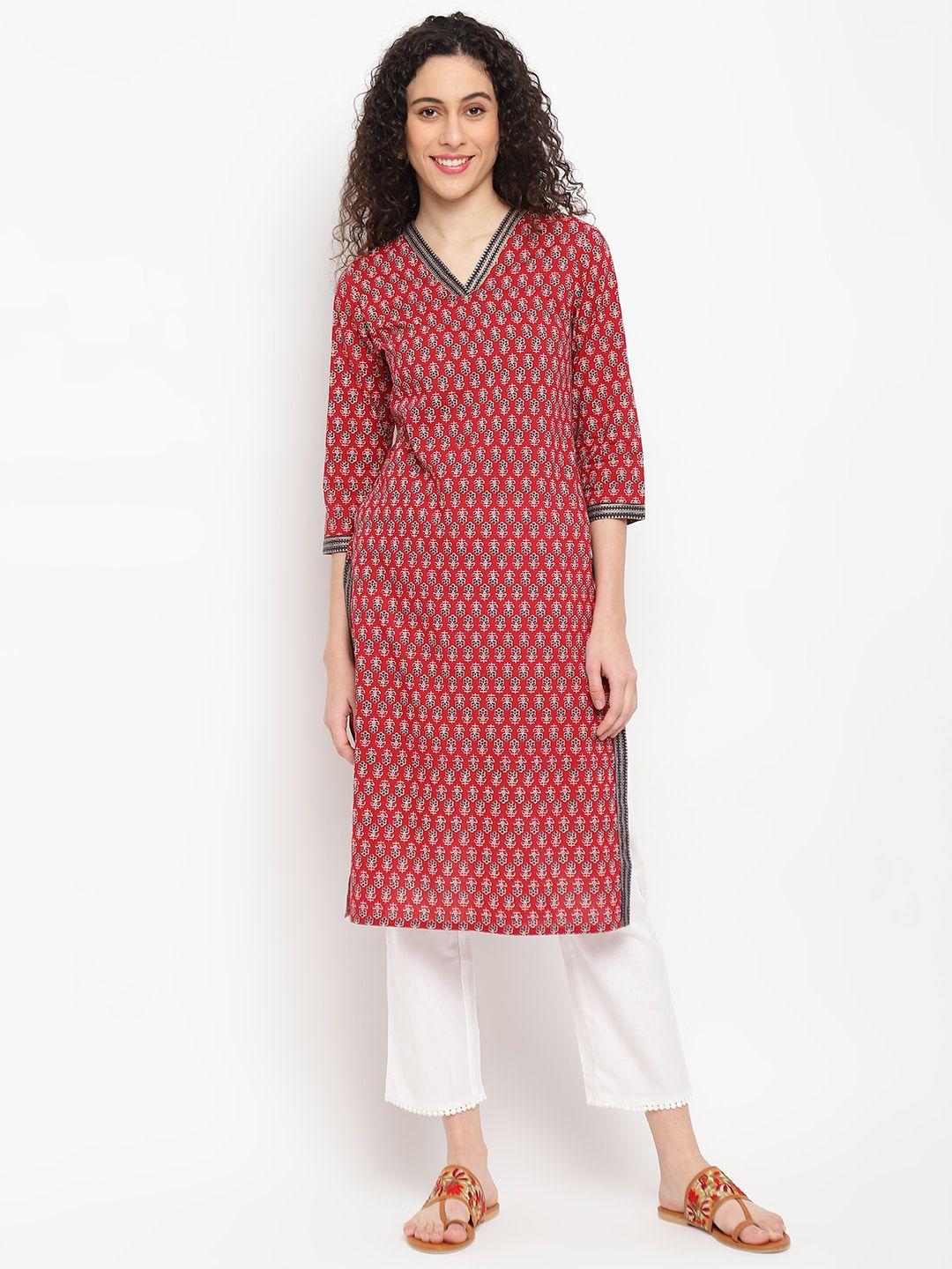 imara ethnic motifs printed v-neck pure cotton straight kurta