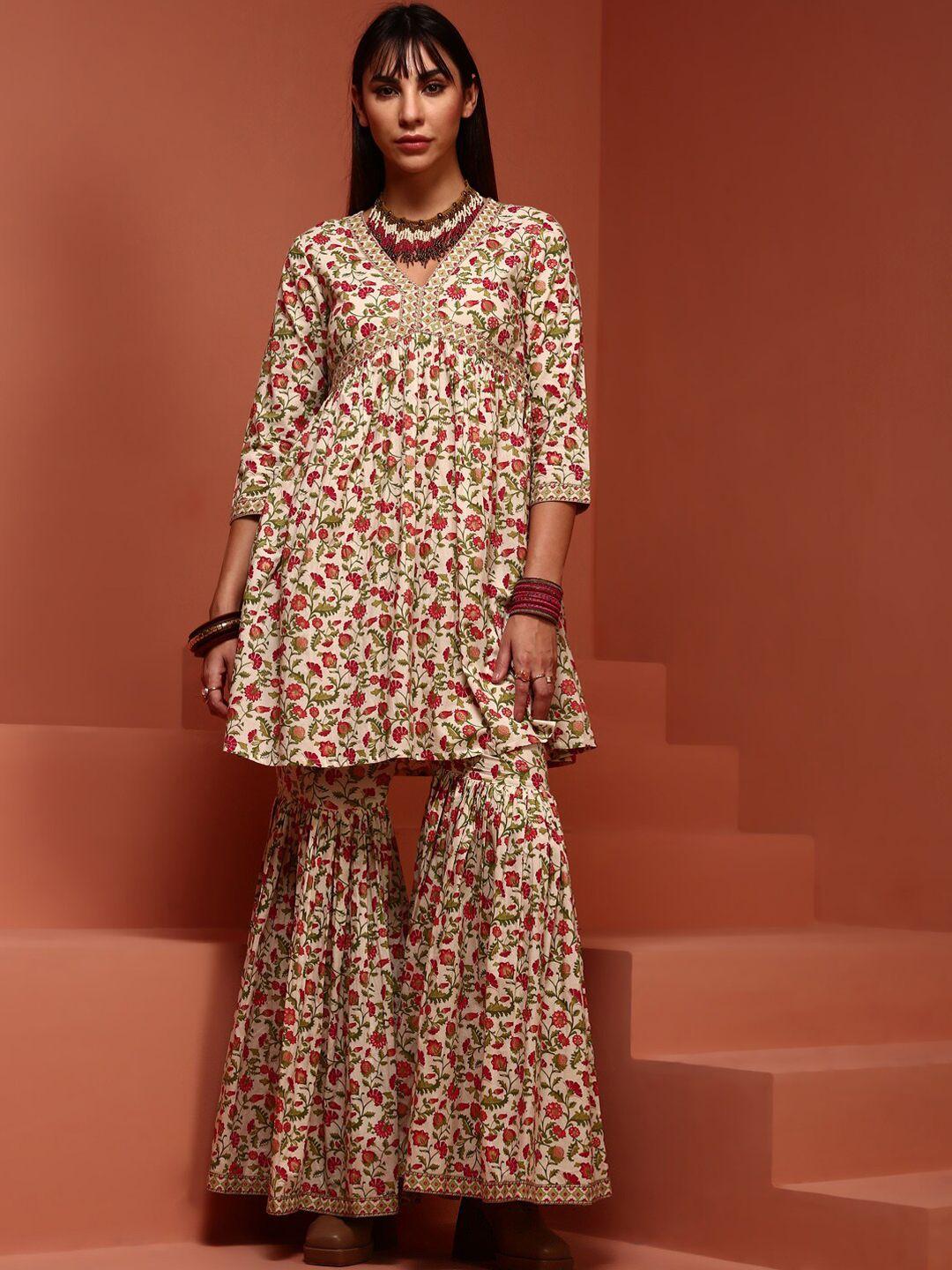 imara floral printed empire pure cotton kurta with sharara