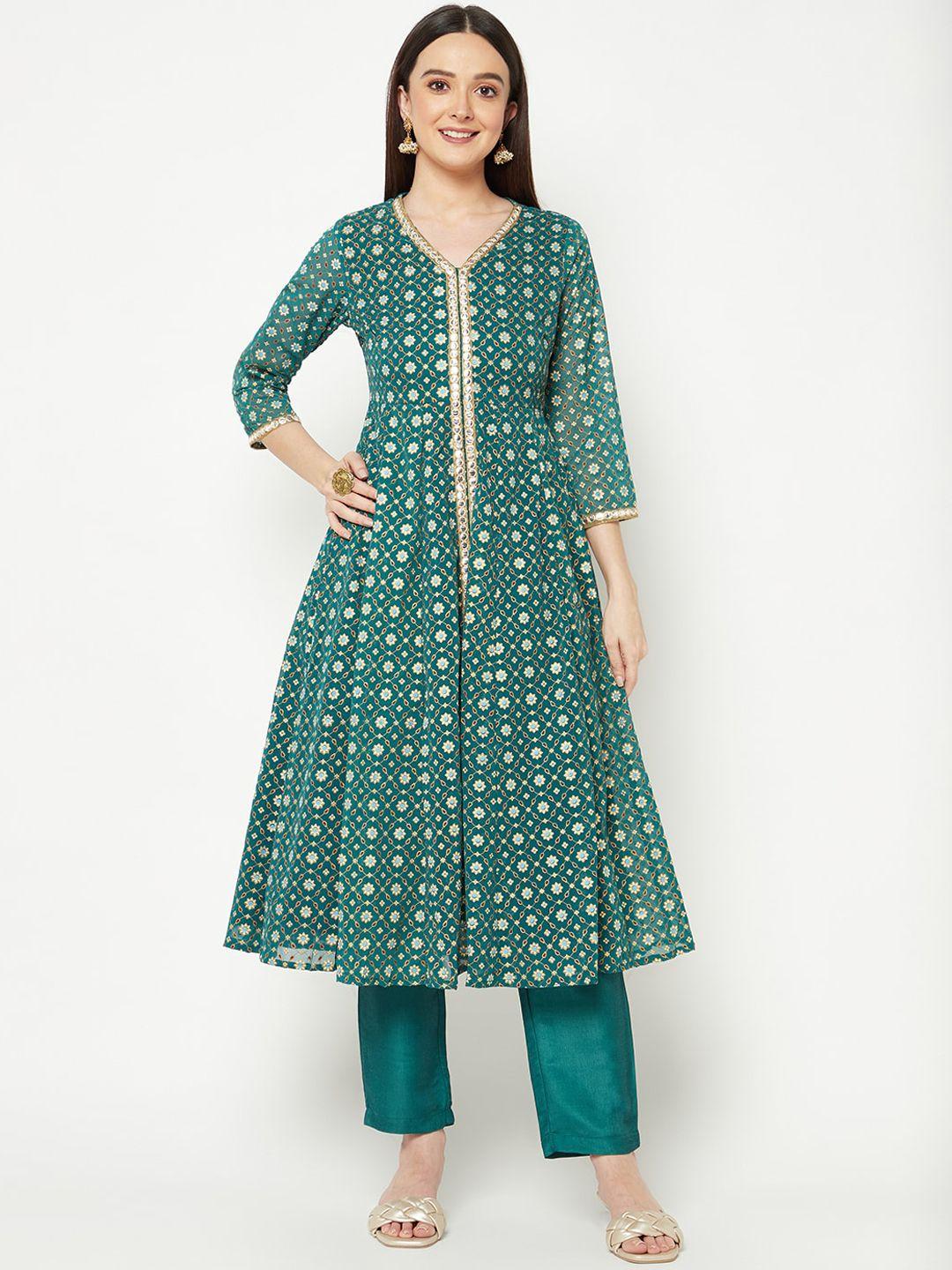 imara floral printed mirror work panelled a-line kurta with trousers