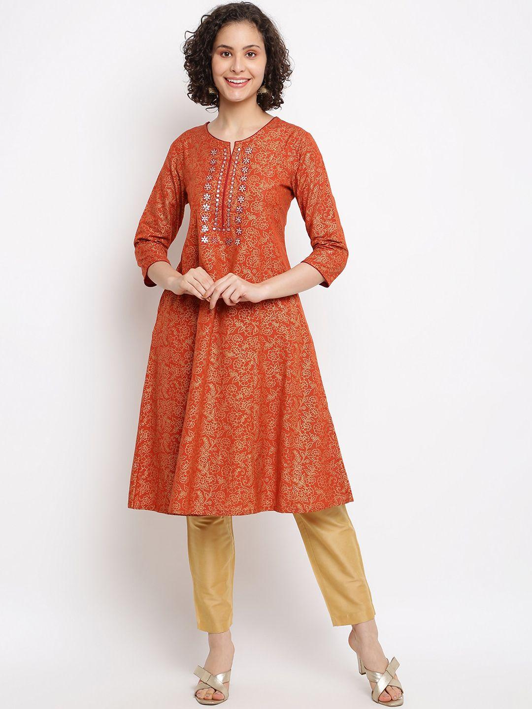 imara floral printed notched neck gotta patti a-line kurta