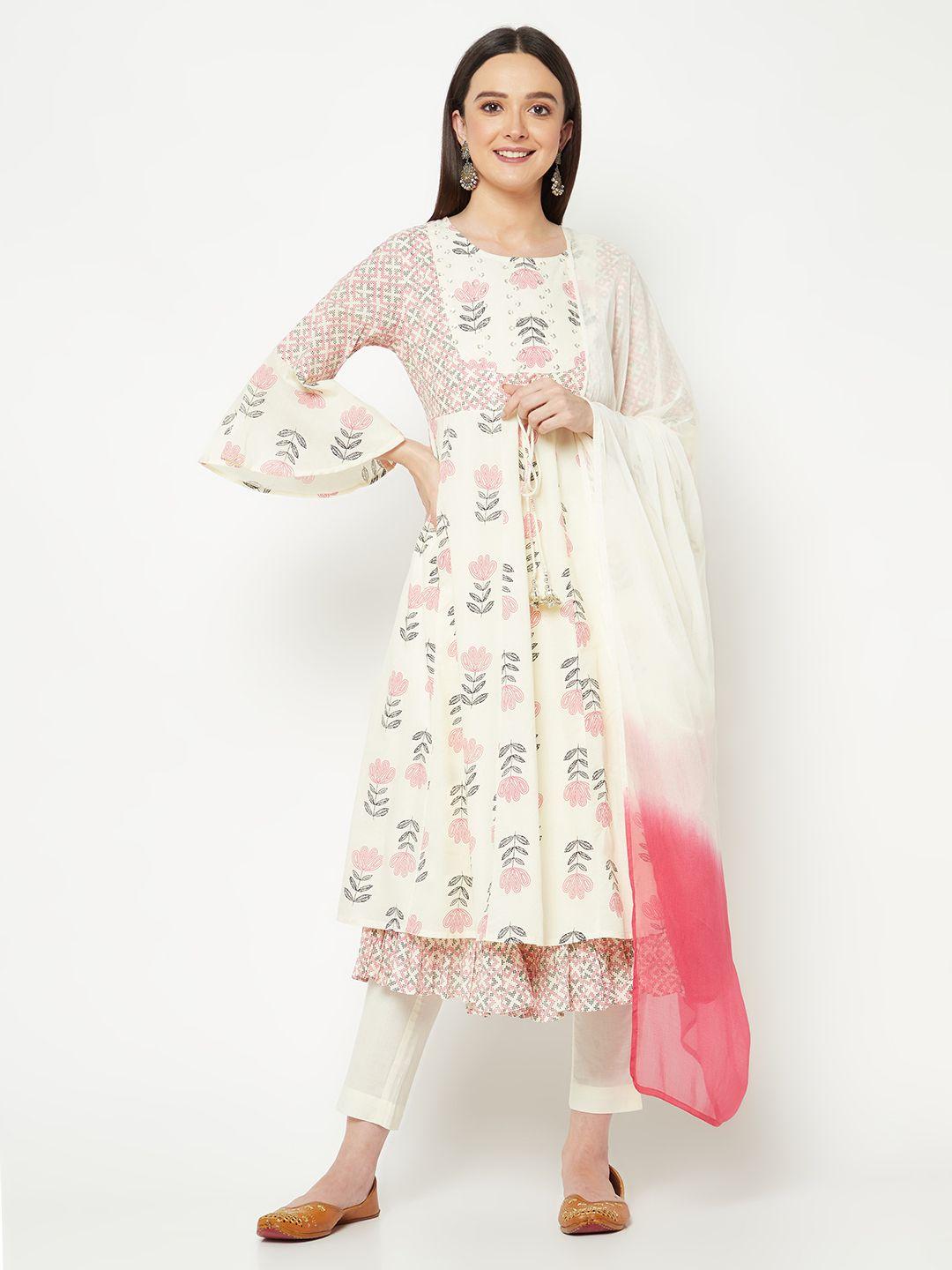 imara floral printed sequinned anarkali pure cotton kurta with trousers & with dupatta