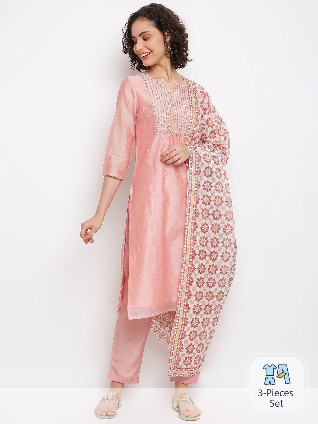 imara floral yoke design thread work chanderi cotton kurta & trousers with dupatta