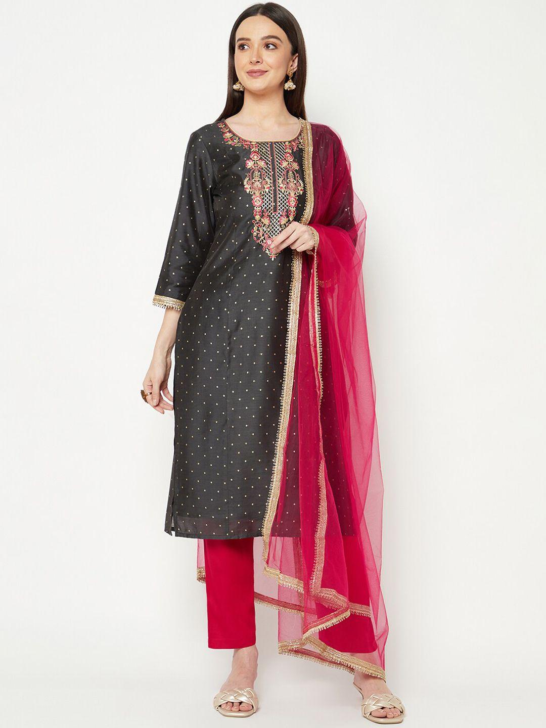 imara geometric printed thread work chanderi cotton kurta & trousers with dupatta