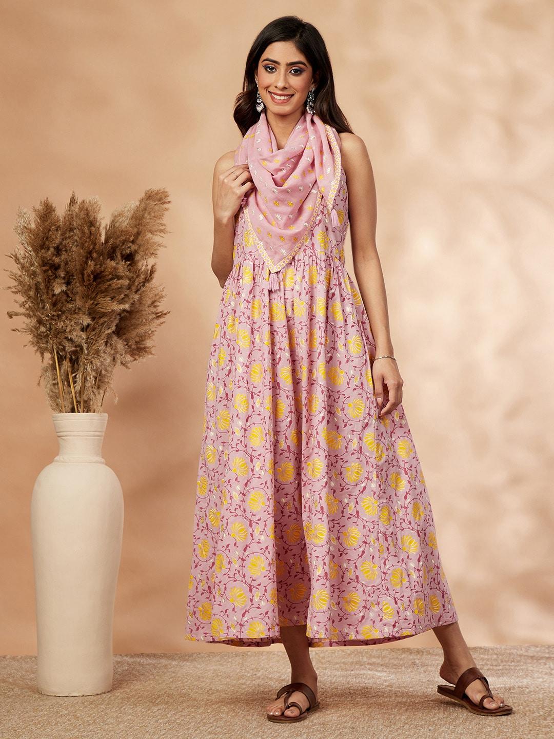 imara pink floral printed cotton fit & flare midi dress with scarf