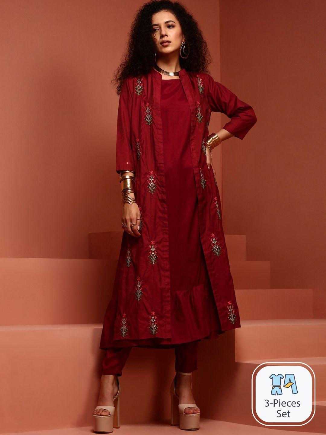 imara round neck a-line kurta & trousers with floral embroidered jacket