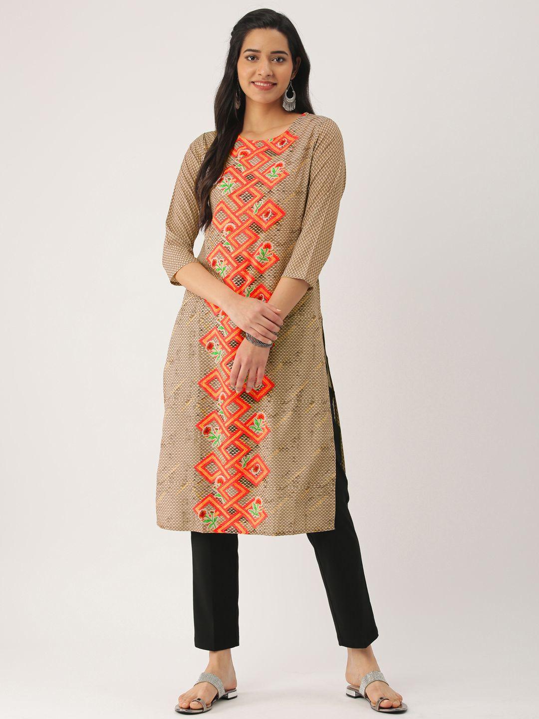 imara women beige & orange printed straight kurta