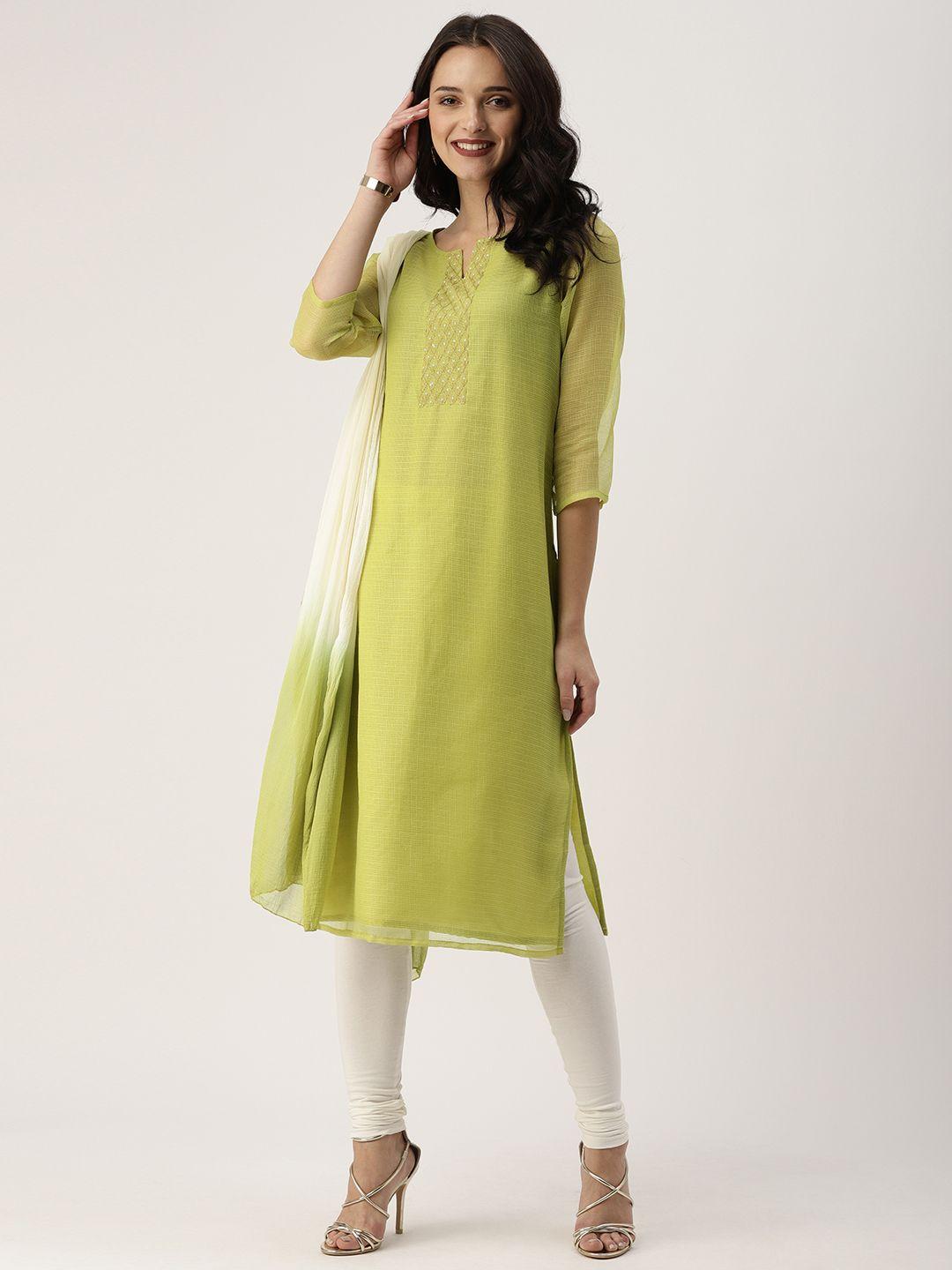 imara women green & off-white self checked straight kurta with churidar & dupatta