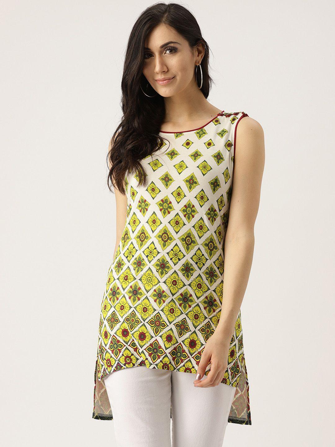 imara women off-white & lime green printed high-low top