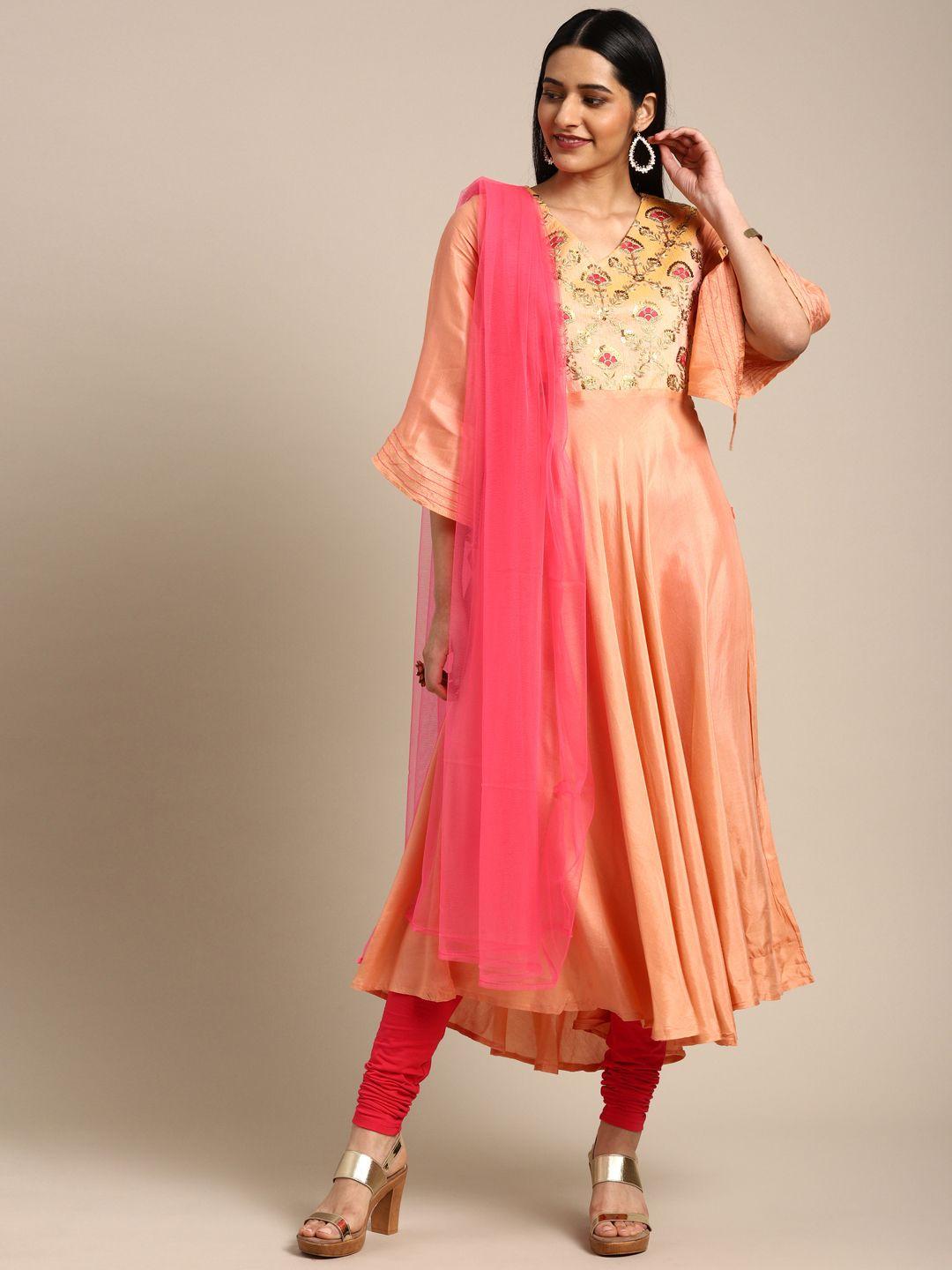 imara women peach & pink embroidered kurta with leggings & dupatta