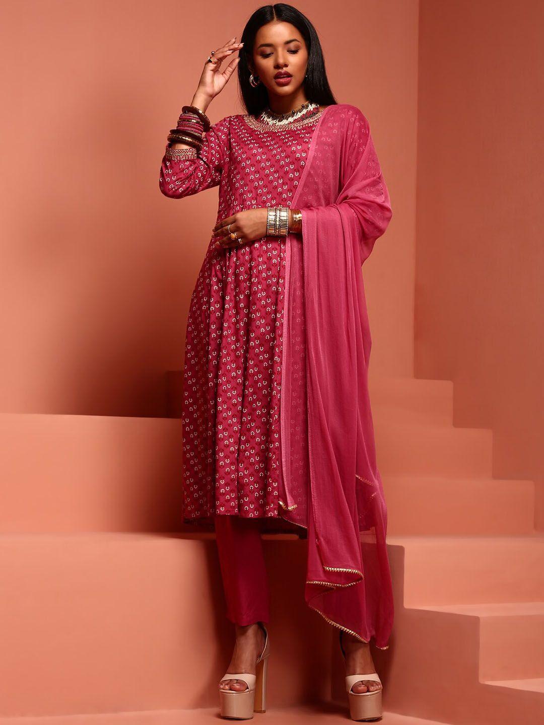 imara women pink floral printed empire sequinned kurta with trousers & with dupatta