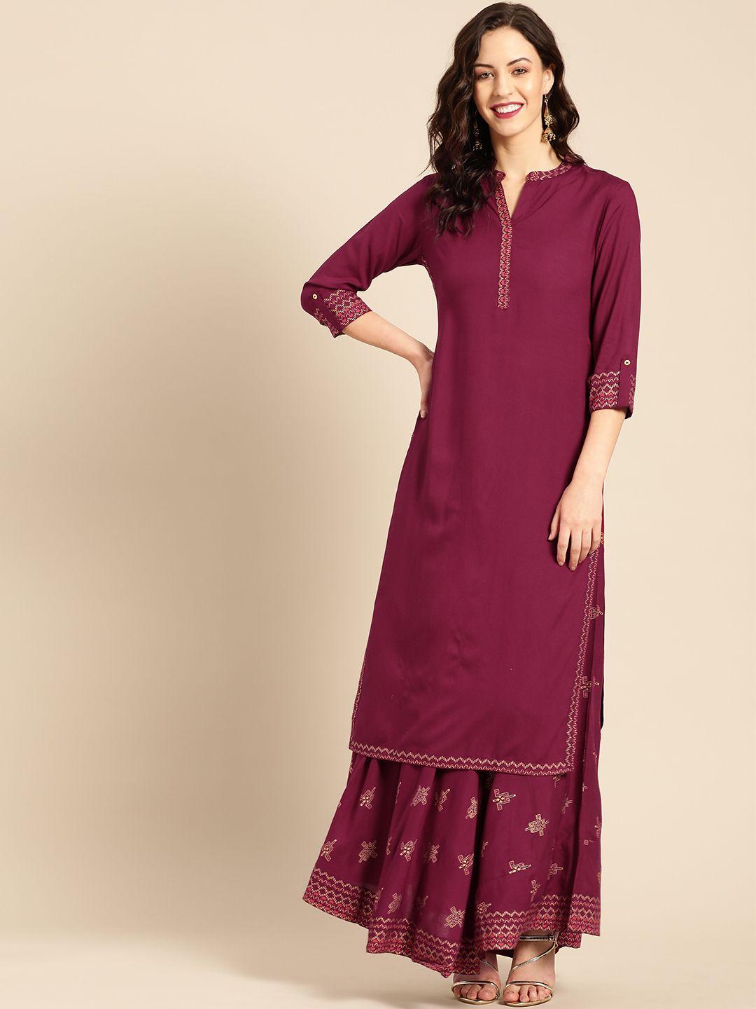 imara women wine-coloured solid kurta with skirt
