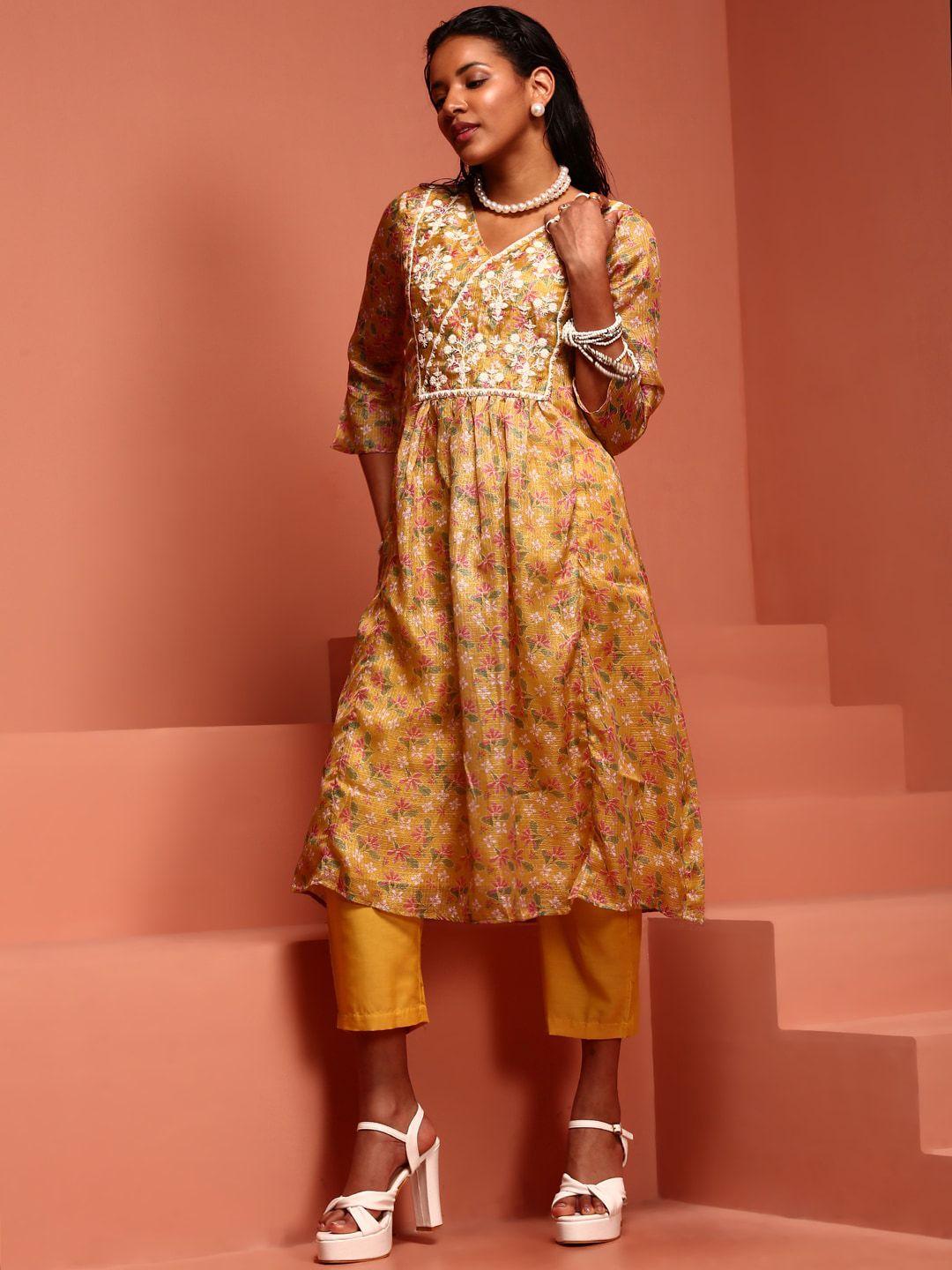 imara women yellow ethnic motifs printed empire thread work kurta with trousers