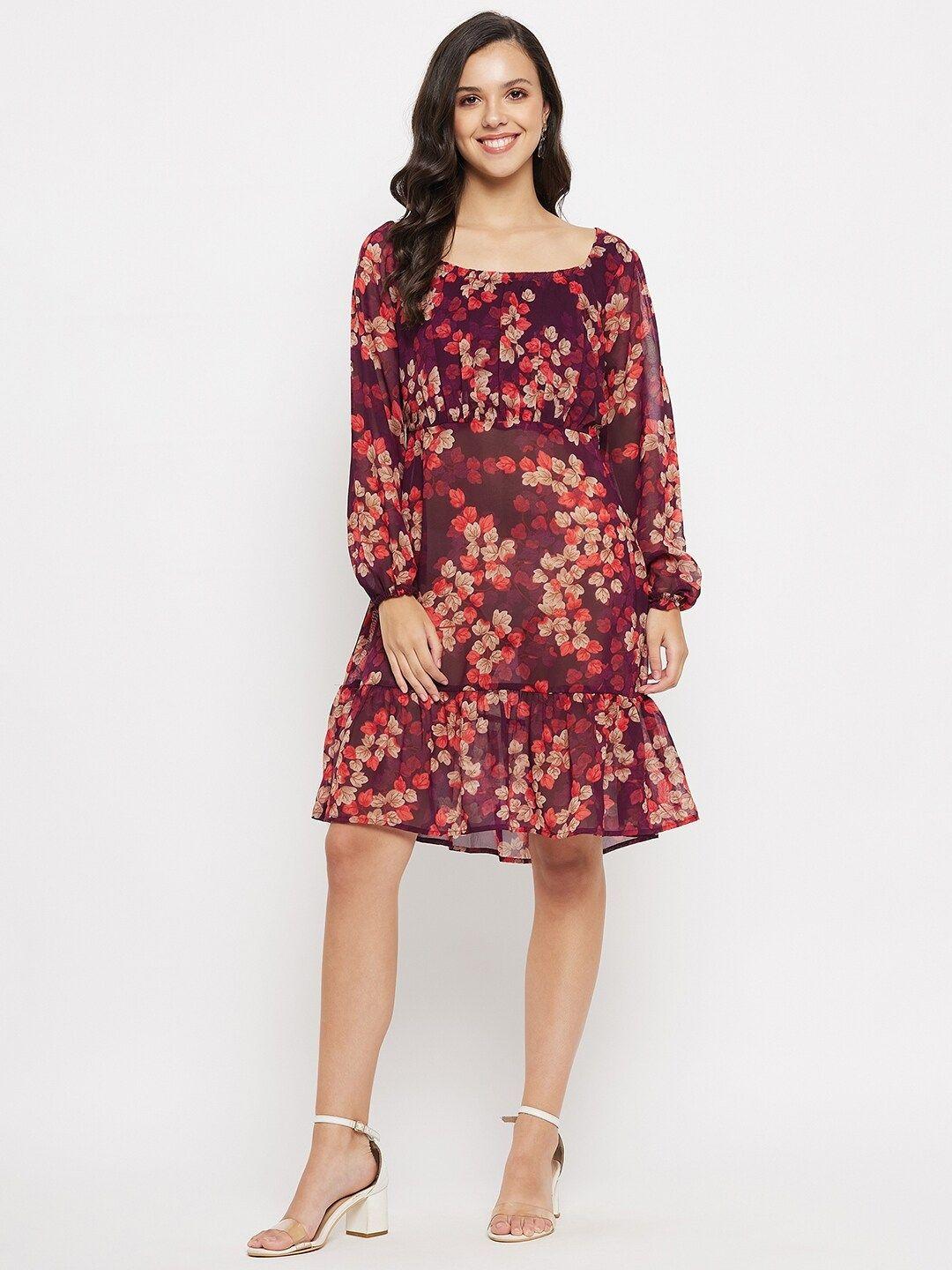 imfashini conversational printed puff sleeves georgette gathered a-line dress