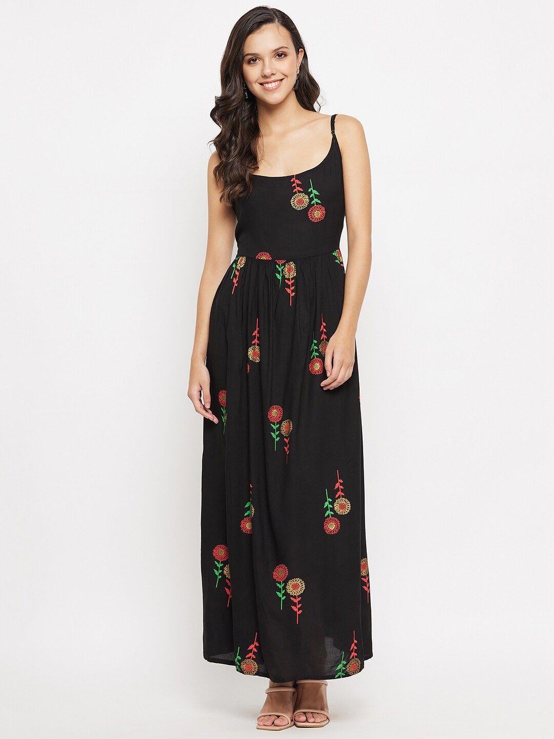 imfashini floral embroidered shoulder strap gathered cotton fit & flare maxi dress