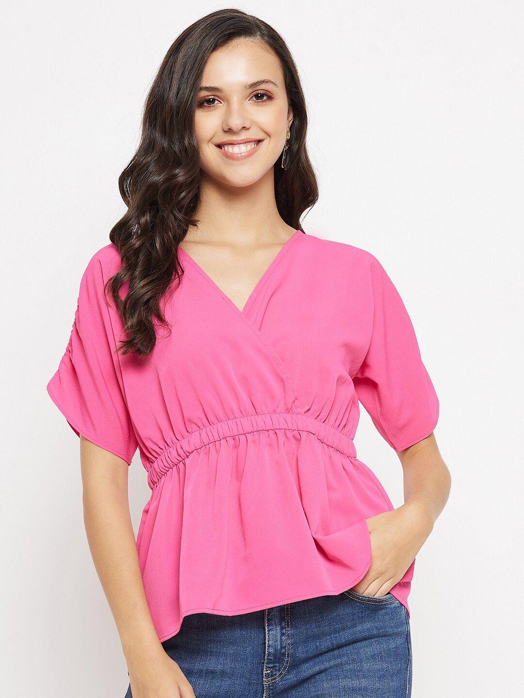 imfashini v-neck ruched sleeve gathered cinched waist top