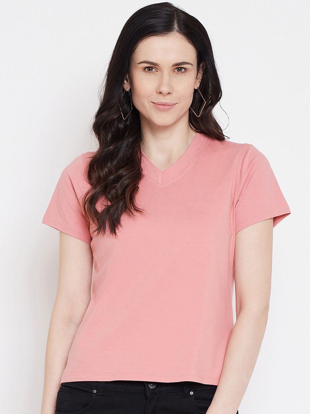 imfashini women pink solid v-neck t-shirt